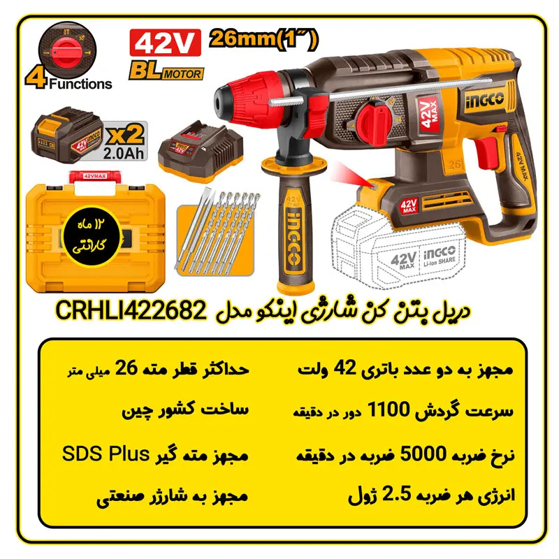 دریل بتن‌کن شارژی اینکو مدل CRHLI422682