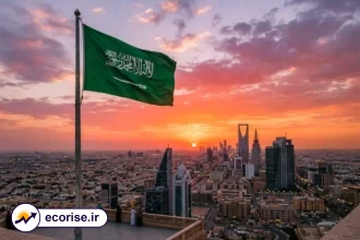 پرچم عربستان سعودی و نمایی از ریاض