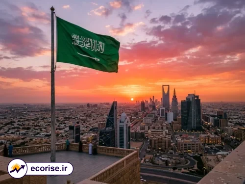 پرچم عربستان سعودی و نمایی از ریاض