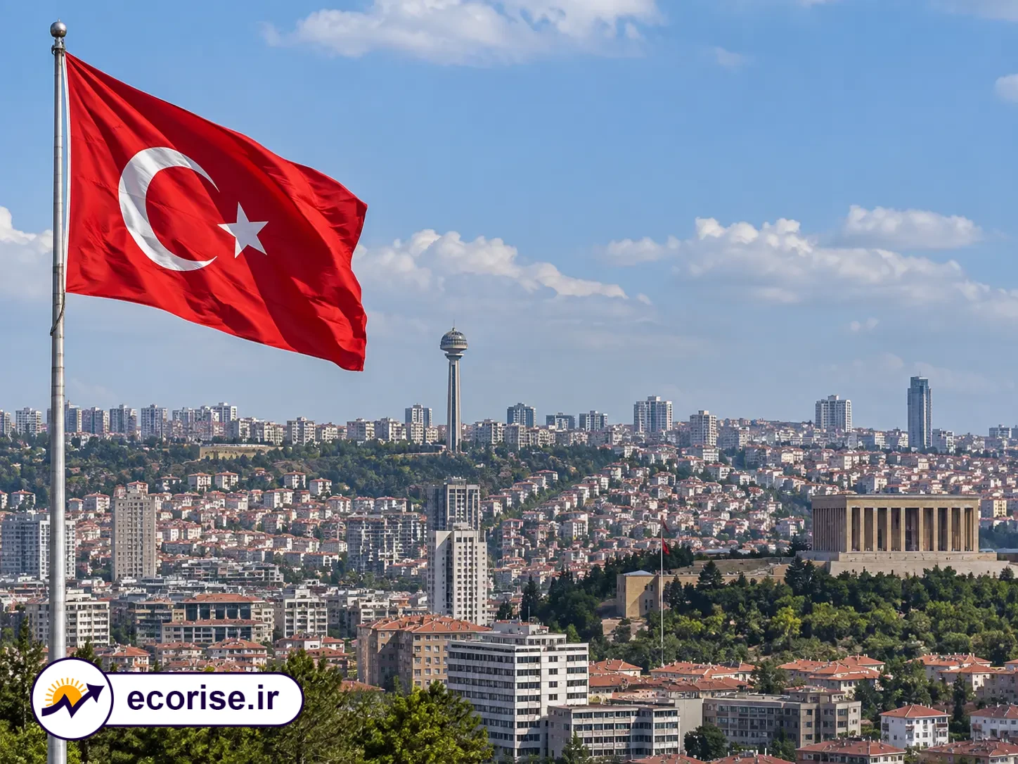 پرچم ترکیه و نمایی از شهر آنکارا