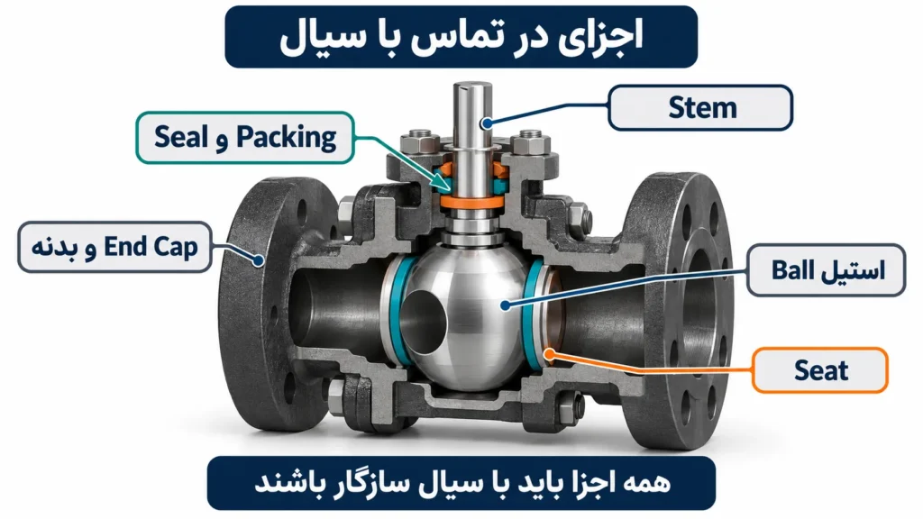 اجزای در تماس با سیال در شیر توپی فولادی